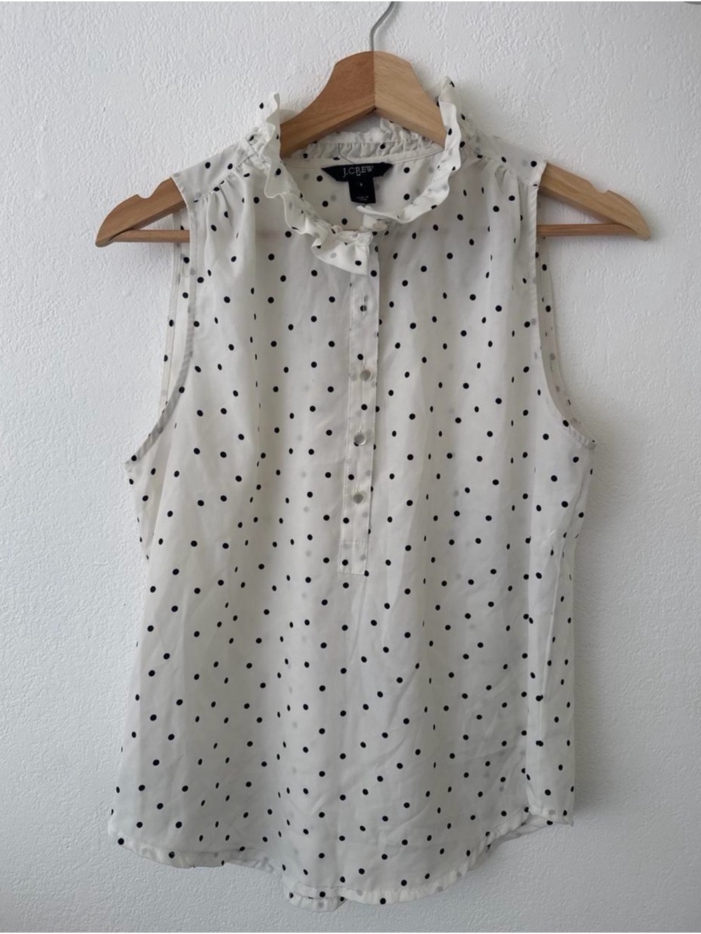 J. Crew Ivory Sleeveless Polka Dot Ruffle Neck Camisole